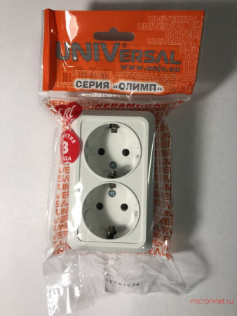 Розетка 2местная Universal Олимп белая с/з 16А, 220В (открытая установка) ОП О0128 