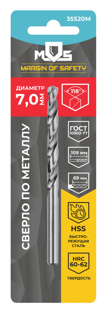 Сверло по металлу 7,0мм х 109мм HSS в блистере (1шт) 35520М